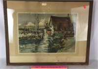 Framed Lithograph of Water Wheel