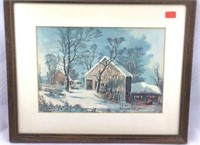 Framed Lithograph of a Farm during Winter