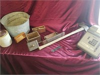 Lot of old tools, wood drawers, salt glazed jug,
