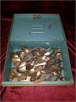 Metal box full of old assorted flatware