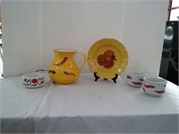 Chili Pitcher with bowl and Three Soup Bowls