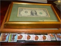 2 Vintage Framed Dollar Bills & $11.28 US Stamps