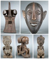 5 Congo style masks and figures. 20th century.