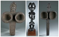 3 Fang style objects, 2 bellows & figure.
