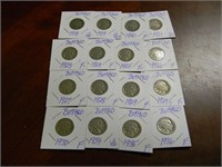 16 Buffalo Nickels in Coin Cards 1918-1936