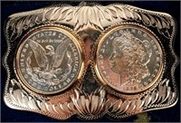 Coin 2 Genuine Morgan Silver Dollars Belt Buckle