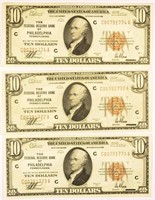3 Consecutive 1929 $10.00 National Currency.
