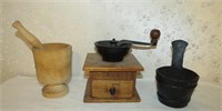 Coffee bean grinder, wrought iron hanging barrel,