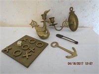 Brass candle holder, swans, bottle opener, kilt