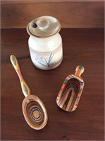 Ceramic Pot and Colored Wooden Spoon and Scoop