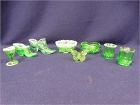Green Depression Vaseline Glass - 9 items