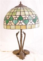 Antique Stained glass lamp w swans base