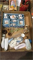 Tray lot with a kids tea set in the box, doll