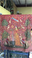 Large hanging tapestry with a maiden and animals