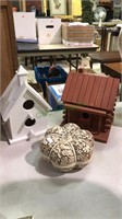 2 Wood bird houses and a Cinnabar Ivory lidded