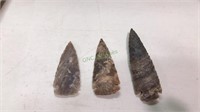 Three stone arrowheads, longest one is 4 inches