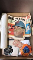 Box lot of vintage paper items including baseball