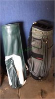 Two golf bags one green vinyl and one green nylon