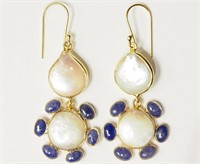 Silver & Gold  Plated Tanzananite & Pearl Earrings
