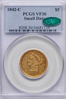 $5 1842-C SMALL DATE. PCGS VF30 CAC