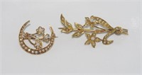 Two vintage gold and seed pearl flower brooches