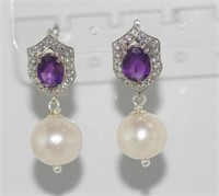 Pearl and amethyst earrings set in silver