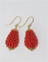 Red coral bead drop earrings with 9ct gold hooks