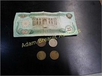 Iraq 25 Dinar bill, 2 Oriental coins, 2 tokens