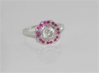 18ct white gold, diamond and ruby cluster ring