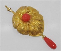 15ct leaf form gold & red coral drop pendant