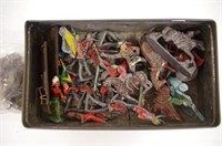 Box of vintage miniature metal soldier toys