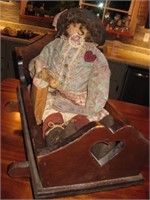 Box Lot - Vintage Doll & Wooden Cradle
