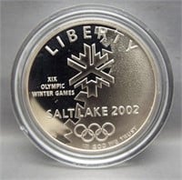 2002 Salt Lake City Olympics proof silver dollar.