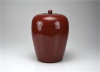 CHINESE OX BLOOD FLAMBE COVERED OVOID JAR