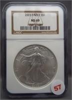 2003 American silver Eagle. NGC MS69.