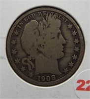 1908-O Barber half dollar. VG.