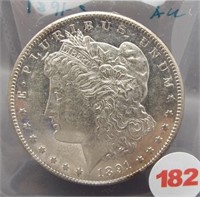 1891-S Morgan silver dollar. AU, Better date.