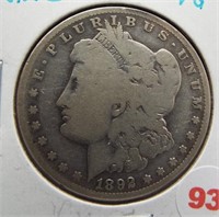 1892-S Morgan silver dollar. VG, Key date.