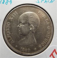 1889 Spain silver 5 Pesetas.