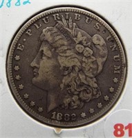 1882 Morgan silver dollar.