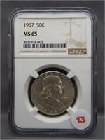 1957 Franklin half dollar. NGC MS65.