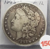 1893-S Morgan silver dollar. Fine. Key date.