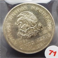 1951 Mexico 5 Pesos silver.