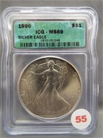 1990 American silver Eagle. ICG MS69.