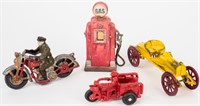 Toys: Cast Iron Car & Motorcycles, Gas Pump