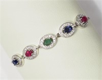 Sterling Silver Sapphire, Ruby, Emerald Bracelet