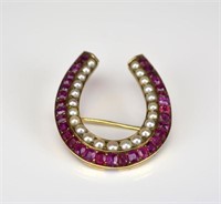 GOLD, RUBY, AND PEARL HORSESHOE PIN