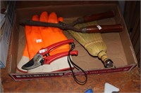 tray of gloves; hand pruners; clippers