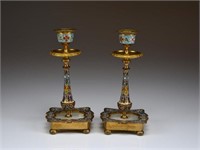 PAIR OF FRENCH CHAMPLEVE CANDLESTICKS