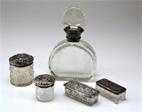 FIVE SILVER & CUT GLASS VANITY ITEMS